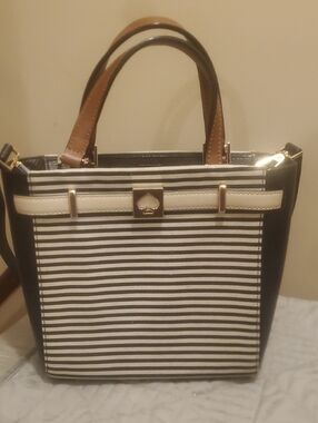 kate spade Black and White Striped Satchel with Brown Handles